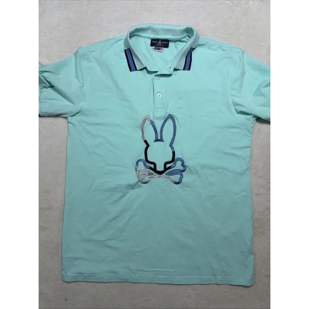 Rare Psycho Big Bunny Logo Polo Shirt XXL Mens Aqua Mint Blue 100% Cotton - Picture 9 of 13